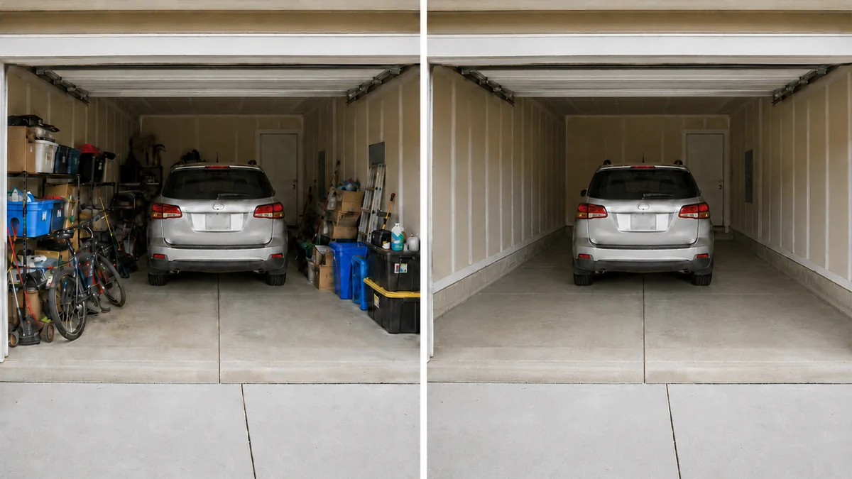 Garage before and after professional cleanout in Apex, NC