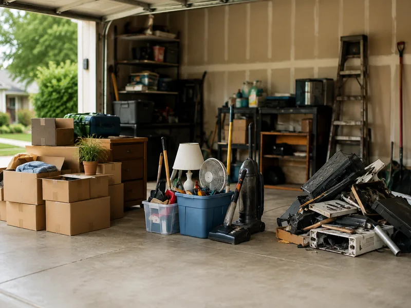 Sorting garage items into keep, donate, and junk piles