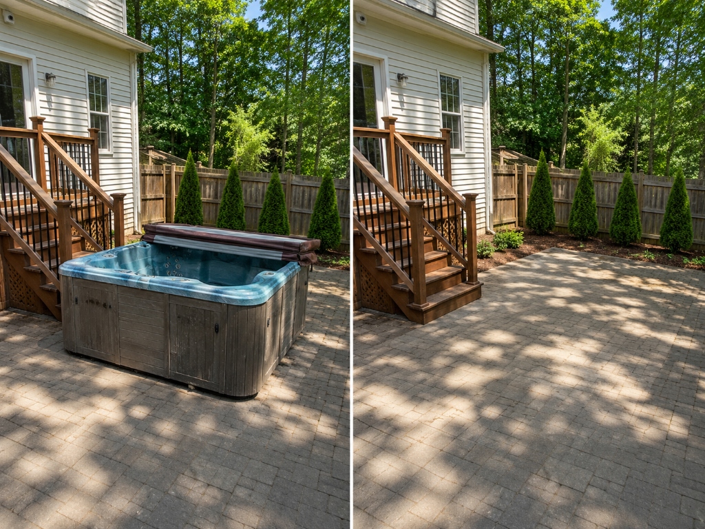 Backyard hot tub demolition before and after in Apex, NC